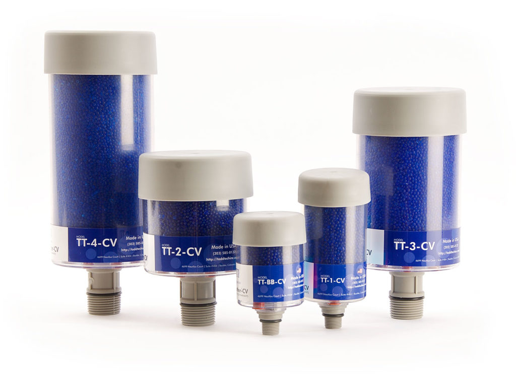 Image of TTI's PowerBreather™️-CV line of desiccant breathers. Replacing Des-Case® DCHG1, DCVG1, DCHG2, DCHG2, DCVG2, DCHG3, DCVG3, DCHG4, DCVG4.