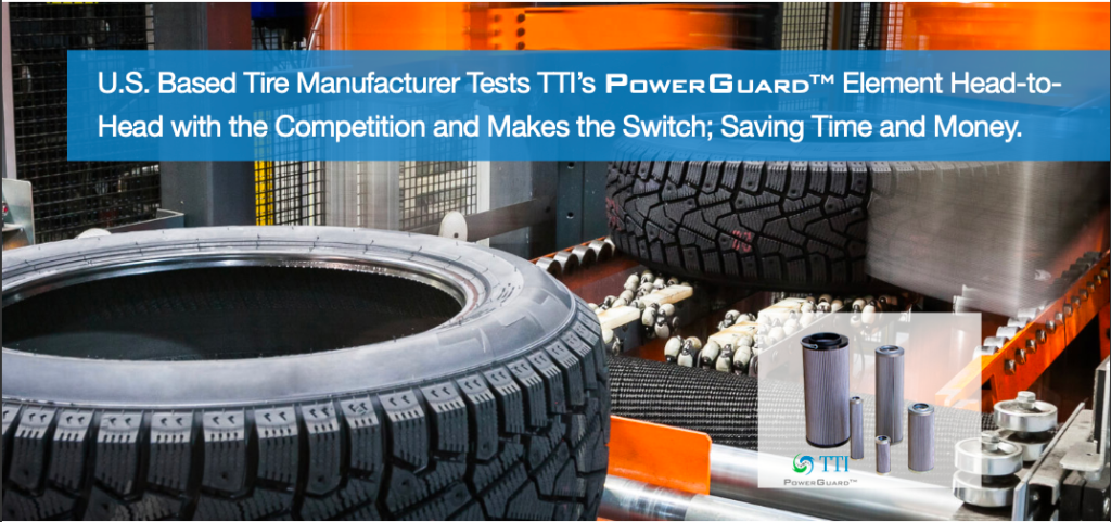 Image of tire manufacturing process. Two tires moving through pressing process. Title Banner: "U. S. Based Tire Manufacturer Tests TTI's PowerGuard Element Head-to-Head with the Competition and Makes the Switch; Saving Time and Money." Sub-Image of TTI PowerGuard Elements and brand logo. 